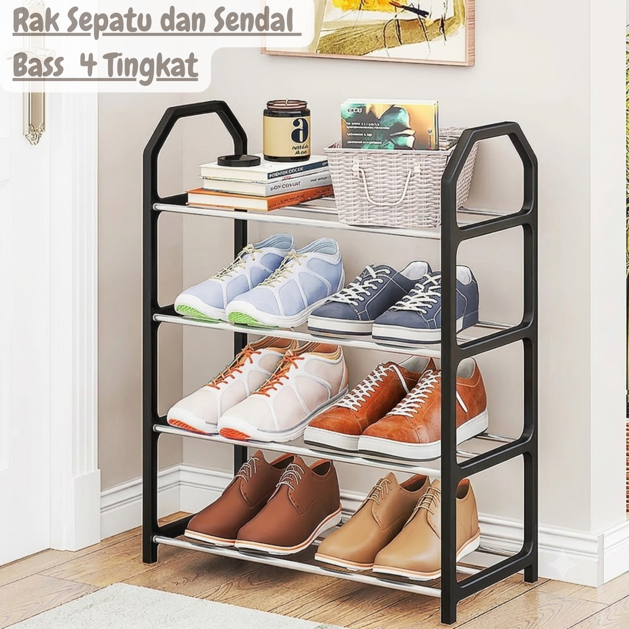 Rak Sepatu dan Sendal Bass Rak Besi Tiang Plastik 4 Tingkat