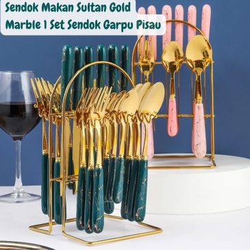 Sendok Makan Sultan Cutlery Gold Marble 1 Set Garpu dan Pisau + Tatakan Gantung
