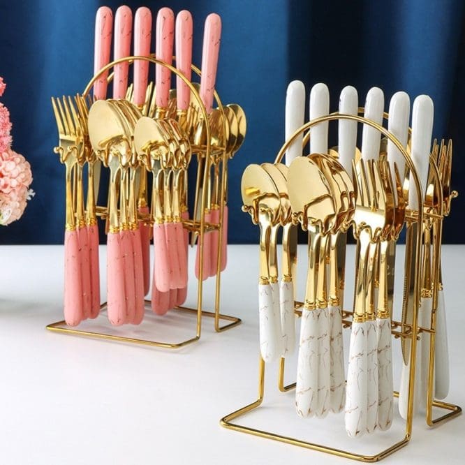 Sendok Makan Sultan Cutlery Gold Marble 1 Set Garpu dan Pisau + Tatakan Gantung