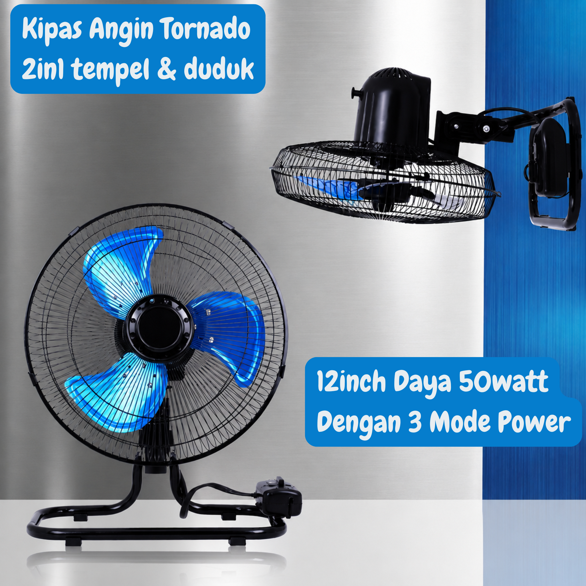 Kingstone Kipas Angin Tornado 2in1 Tempel dan Duduk 12inch Daya 50watt Dengan 3 Mode Power