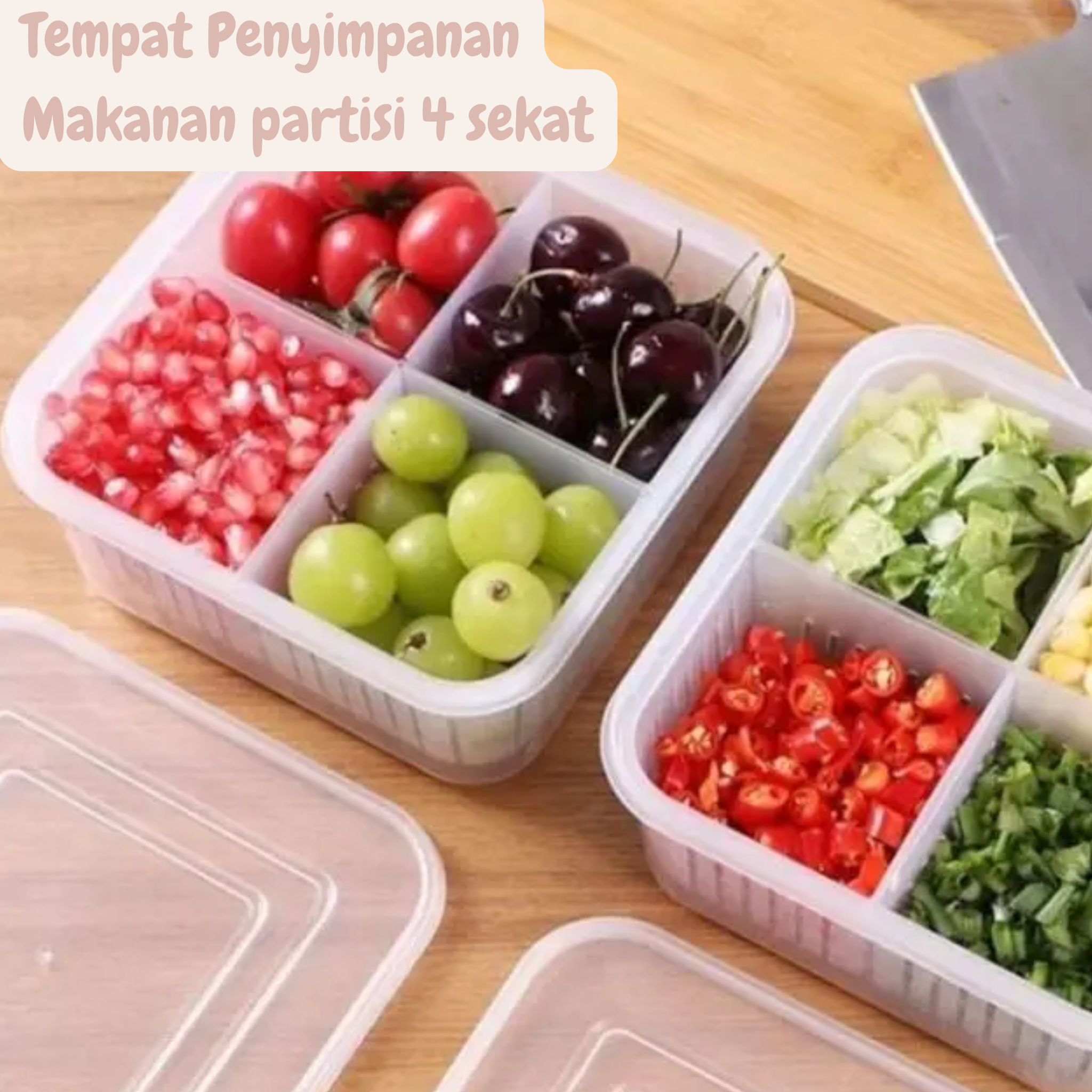 Tempat Penyimpanan Makanan Untuk Kulkas Dengan Partisi Pengering Air 4 Sekat