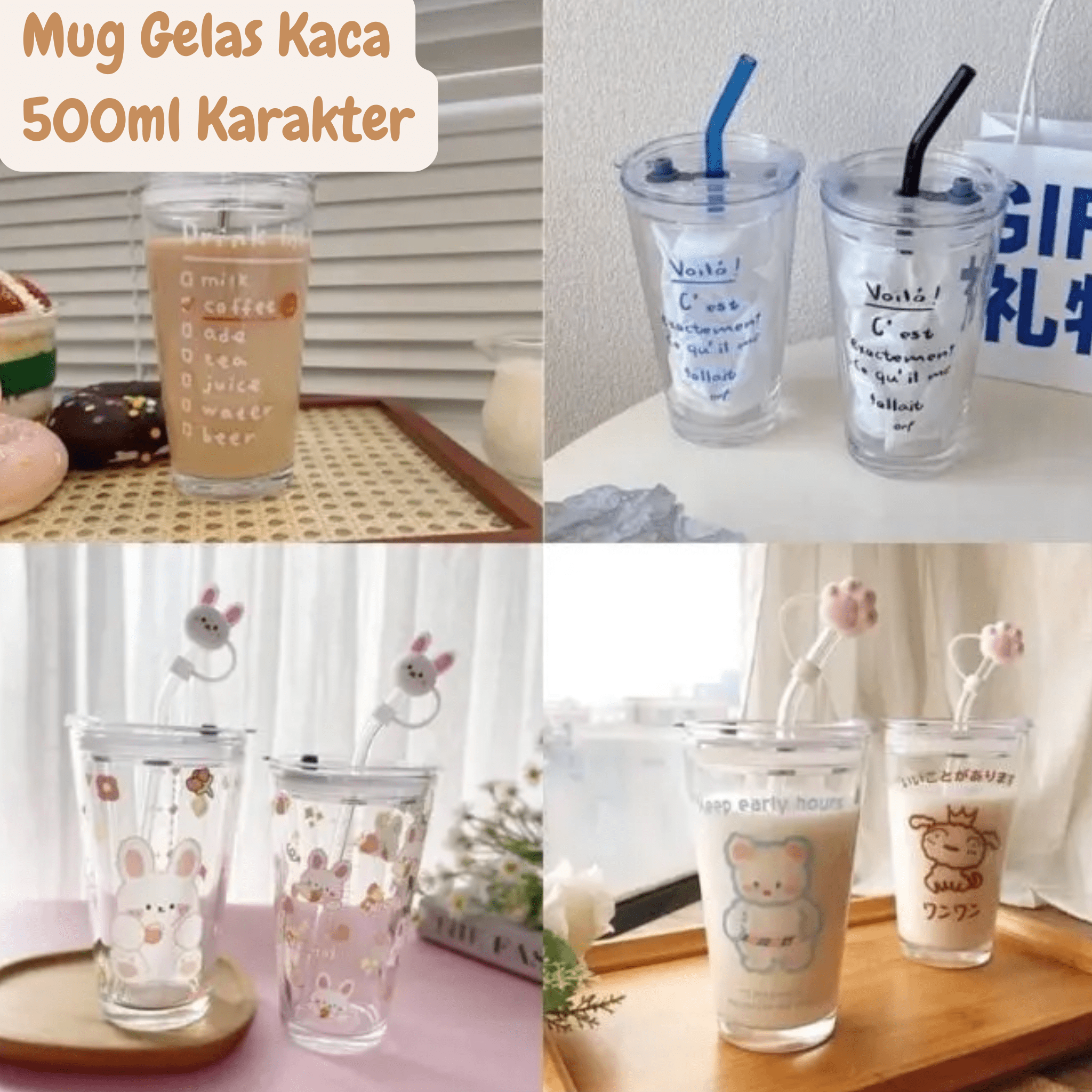 Mug Gelas Minum Bahan Kaca 500ml Dengan Sedotan Anna Karakter