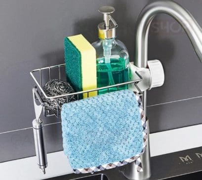 Rak Wastafel Stainless Steel + Gantungan Tempat Penyimpanan Sabun Cuci Piring Spons Tanpa Bor