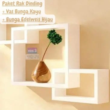 Paket Rak Dinding + Vas Bunga Kayu + Bunga Edelweis Hijau