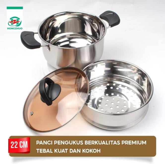 Tipe B Panci Kukus Panci Steamer 2 Tingkat Full Stainless Steel Uk. Dia 22cm Dengan 2 Gagang Pegangan