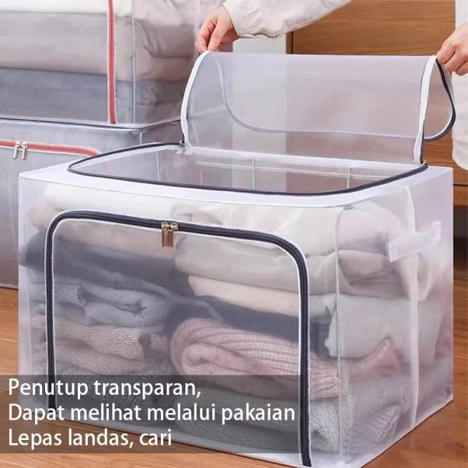 Box Tempat Penyimpanan Pakaian Sprei dan Selimut Transparan 66L Dengan Rangka Besi