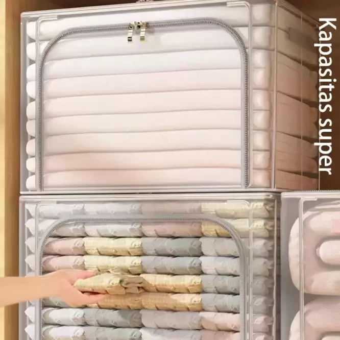 Box Tempat Penyimpanan Pakaian Sprei dan Selimut Transparan 66L Dengan Rangka Besi - Gambar 5