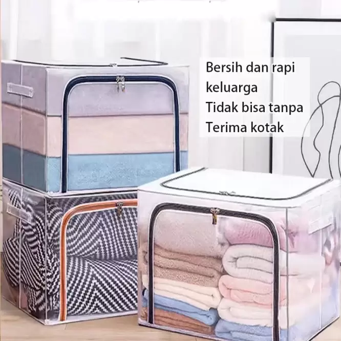 Box Tempat Penyimpanan Pakaian Sprei dan Selimut Transparan 66L Dengan Rangka Besi - Gambar 6