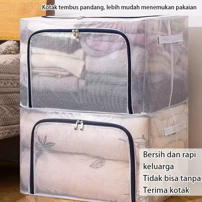 Box Tempat Penyimpanan Pakaian Sprei dan Selimut Transparan 66L Dengan Rangka Besi - Gambar 7