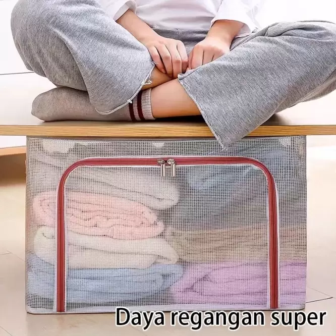 Box Tempat Penyimpanan Pakaian Sprei dan Selimut Transparan 66L Dengan Rangka Besi - Gambar 8