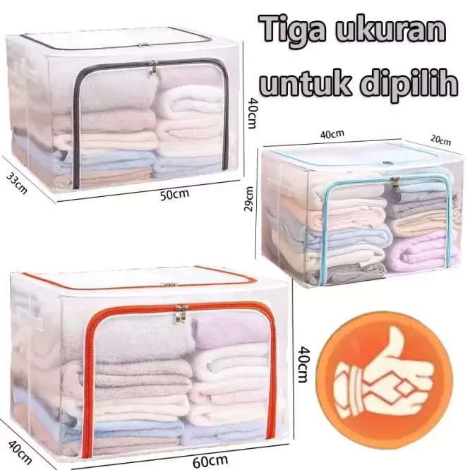 Box Tempat Penyimpanan Pakaian Sprei dan Selimut Transparan 66L Dengan Rangka Besi - Gambar 9