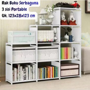 Rak Buku Serbaguna 3 sisi Portable Bahan Non Woven Ukuran P 123 x L 28 x T 123 cm