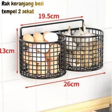 Rak keranjang besi bulat tempel dinding 2 sekat