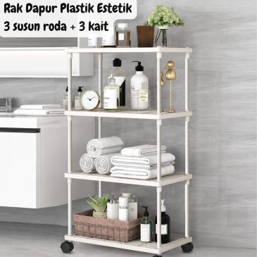 Rak Dapur Plastik Estetik 3 susun dengan roda + 3 kait