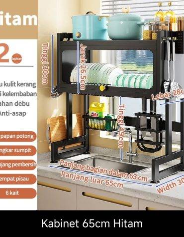 Rak Piring Wastafel Stainless Steel dengan penutup 65 cm, Hitam