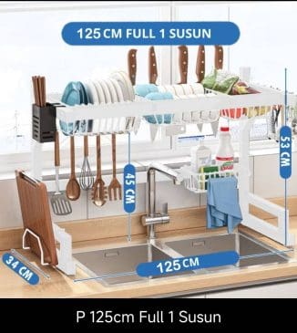 Rak Piring Wastafel Stainless Steel 125cm 1 Susun dengan Aksesoris