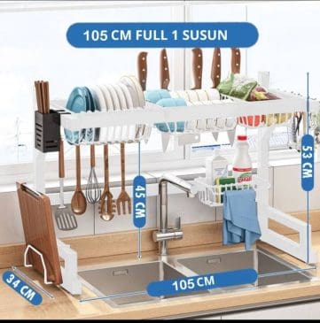 Rak Piring Wastafel Stainless Steel dengan aksesoris 105cm full 1 susun