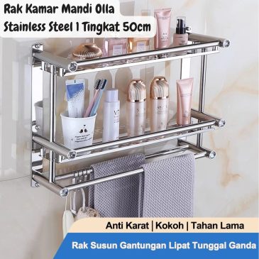 Rak Kamar Mandi Olla Stainless Steel 2 Tingkat 50cm Dengan Gantungan Handuk