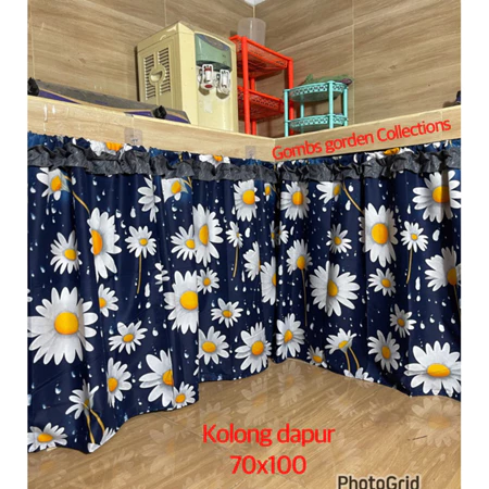 Gorden Penutup Kolong Meja Dapur Bunga Putih Navy 100x70cm