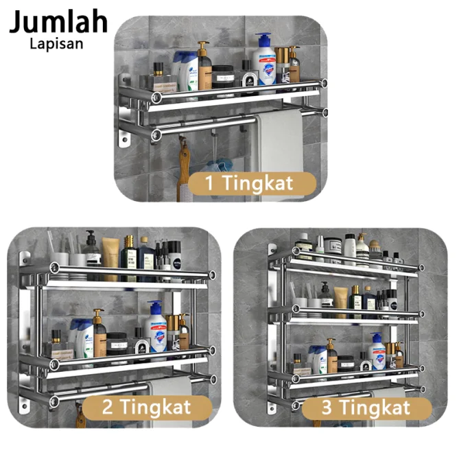 Rak Kamar Mandi Olla Stainless Steel 3 Tingkat 50cm Dengan Gantungan Handuk - Gambar 8