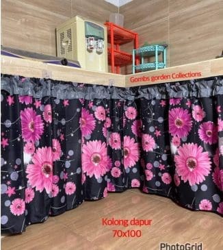 Gorden Penutup Kolong Meja Dapur Bunga Matahari Pink 100x70cm