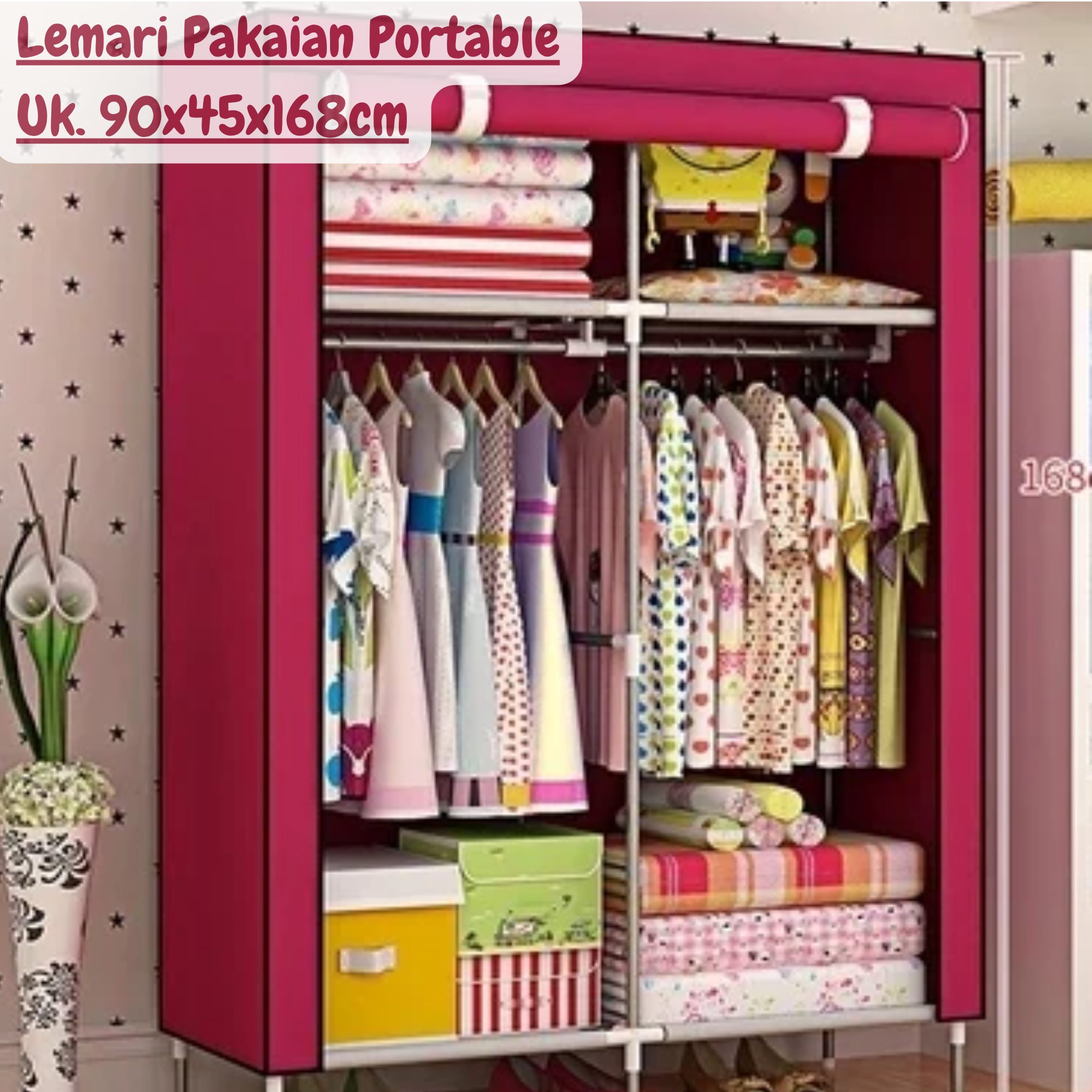 Lemari Pakaian Portable Kain Gulung Atas Size 90x45x168cm