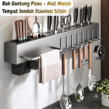 Rak Gantung Pisau dan Alat Masak + Tempat Sendok Stainless Steel 50cm