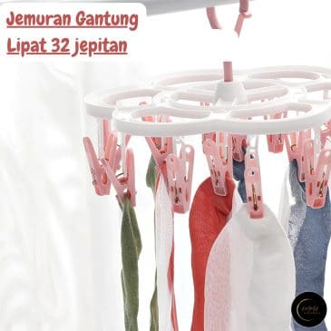 Jemuran Gantung Lipat Jepit Kaos Kaki dan Pakaian Dalam dengan 32 anak jepitan berputar 360 derajat model bulat