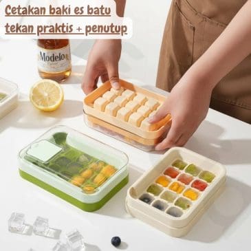 Cetakan baki es batu tekan praktis dengan penutup