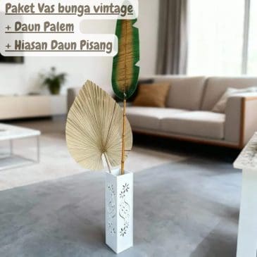 Paket Vas bunga vintage floral + Daun Palem + Hiasan Daun Pisang