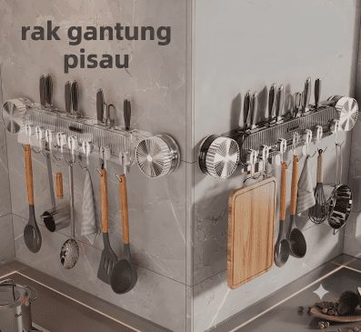 Rak Gantung Pisau Dapur Dengan Perekat Vakum Tanpa Bor - Holder Alat Masak Multifungsi & 5 Kait Gantungan