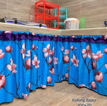 Gorden Penutup Kolong Meja Dapur Sakura Biru 100x70cm