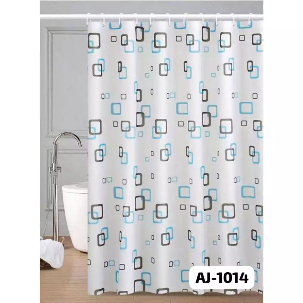 Tirai Kamar Mandi Material Peva 180x180cm Dengan Ring Kait Motif Geometric Blue