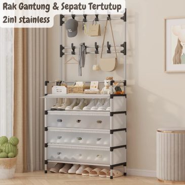 Rak Gantung Pakaian & Sepatu Tertutup 2in1 Stainless Steel 5 Susun