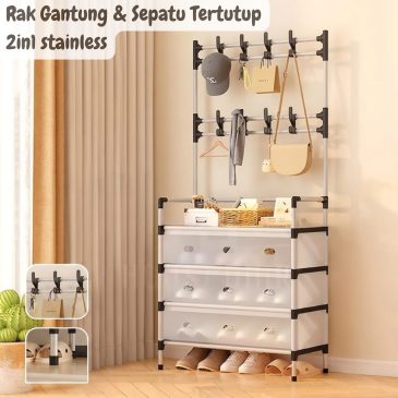 Rak Gantung Pakaian & Sepatu Tertutup 2in1 Stainless Steel 4 Susun