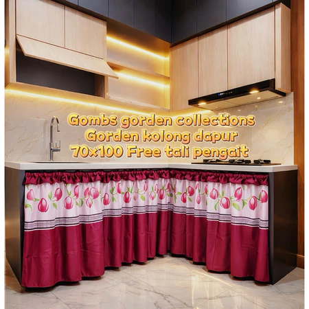 Gorden Penutup Kolong Meja Dapur Tulip Merah Combi 100x70cm