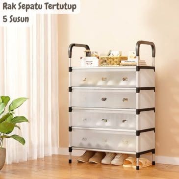Rak Sepatu & Sendal Tertutup Stainless Steel 5 Susun Putih