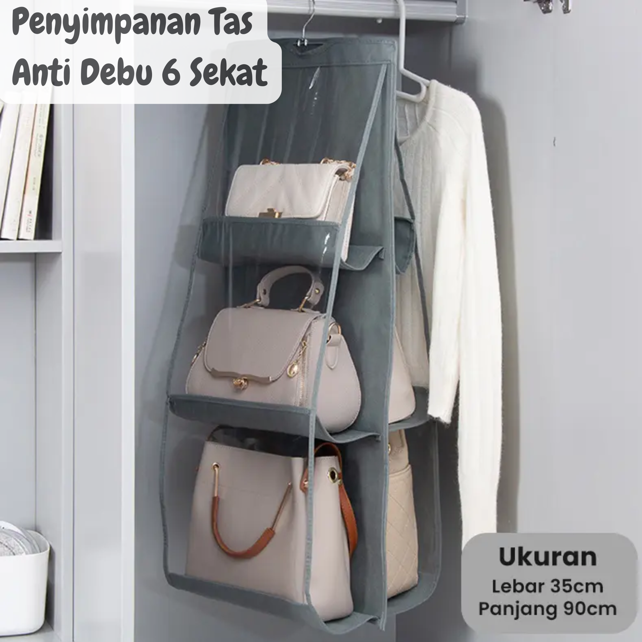 Rak Tempat Penyimpanan Tas Sepatu Gantung Anti Debu 6 Sekat ABU-ABU