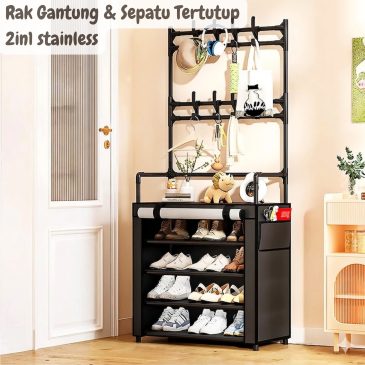 Rak Gantung Pakaian & Sepatu Tertutup 2in1 Stainless Steel 5 Susun Motif LUX Hitam
