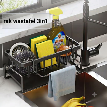 Rak Wastafel 3in1 Model Compact (11cm) - Gantungan Lap Depan Praktis HITAM