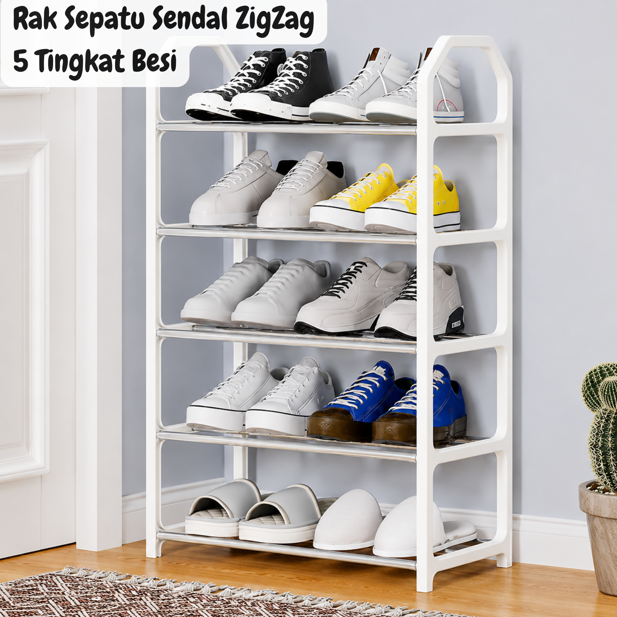 Rak Sepatu dan Sendal Bass Rak Besi Tiang Plastik 5 Tingkat