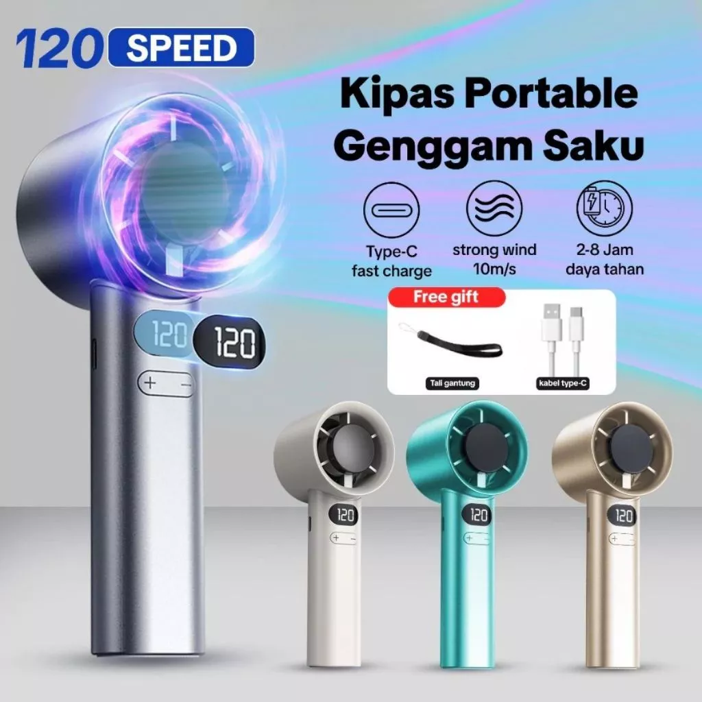 Kipas Angin Turbo LED / Mini Fan Portable 120 Speed Wind Rechargeable Gold - Gambar 6